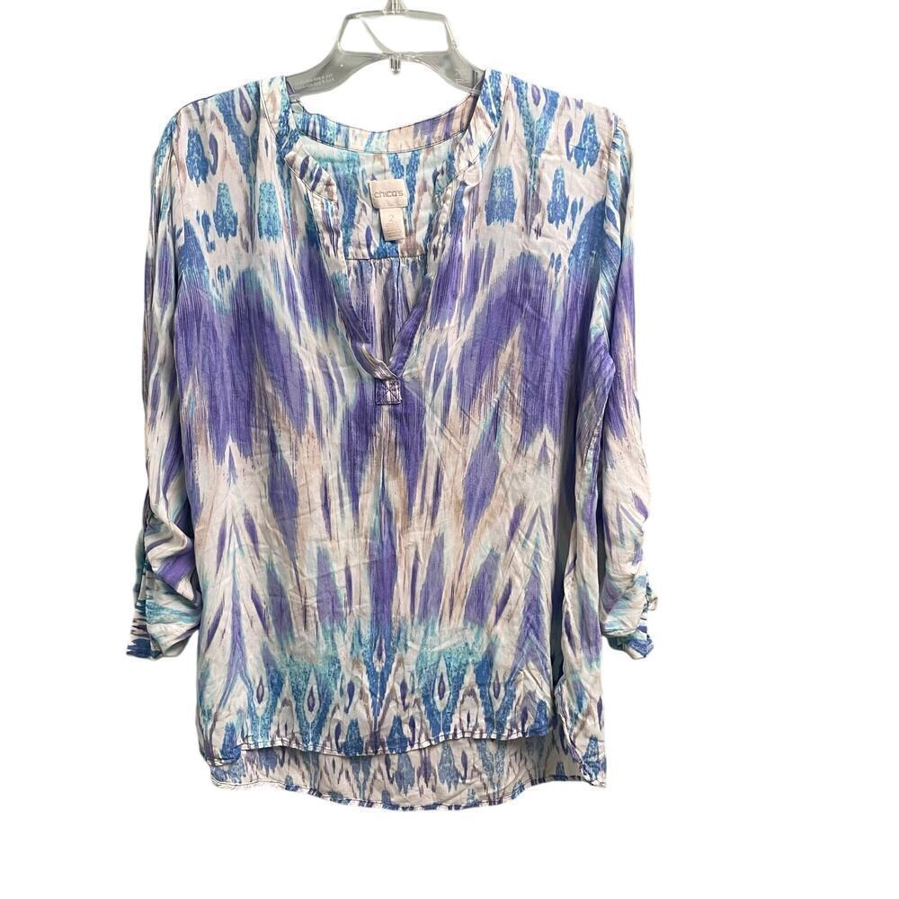 Chicos Size 2 Large Colorful Batik Lightweight Blouse Top 3/4 Sleeve Casual